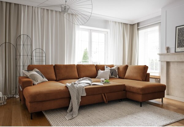Pomarańczowobrązowy sztruksowy rozkładany narożnik (prawostronny) Lofty Lilly – Miuform