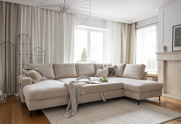 Beżowy sztruksowy rozkładany narożnik (prawostronny) Lofty Lilly – Miuform