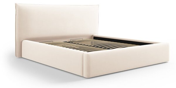 Kremowe tapicerowane łóżko dwuosobowe ze schowkiem i stelażem 160x200 cm Elio – Milo Casa