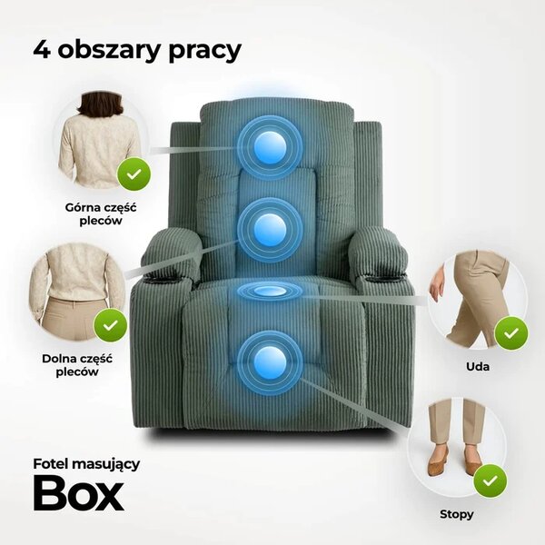 Fotel Masujący BOX Rozkładany Wypoczynkowy z Podnóżkiem Zielony Sztruksowy Skandynawski