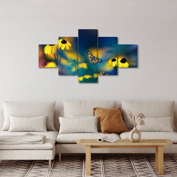 Obraz - Żółty motyl z kwiatami (125x70 cm)