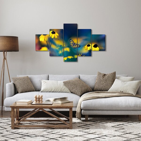 Obraz - Żółty motyl z kwiatami (125x70 cm)
