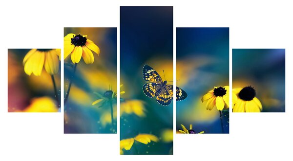 Obraz - Żółty motyl z kwiatami (125x70 cm)
