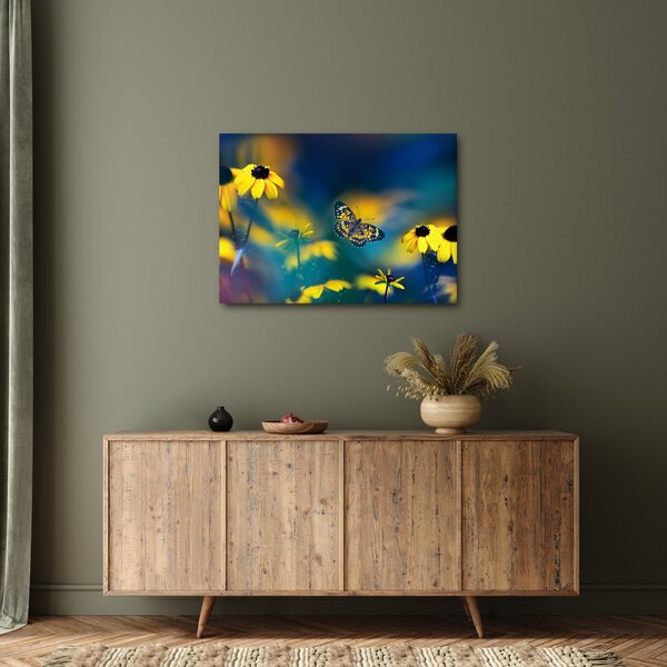 Obraz - Żółty motyl z kwiatami (70x50 cm)