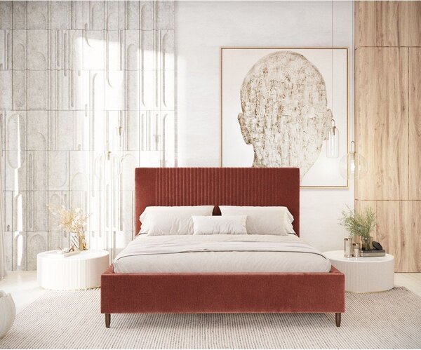 Ceglaste tapicerowane łóżko dwuosobowe ze schowkiem ze stelażem 160x200 cm Etero – Maison de Rêve