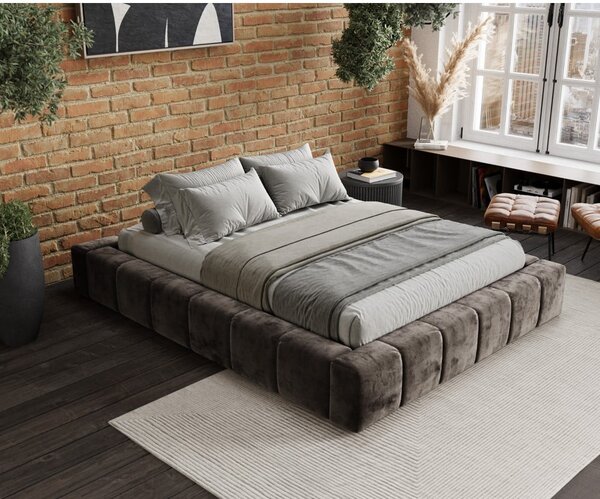 Brązowe tapicerowane łóżko dwuosobowe ze schowkiem i stelażem 160x200 cm Aruba L – Maison de Rêve