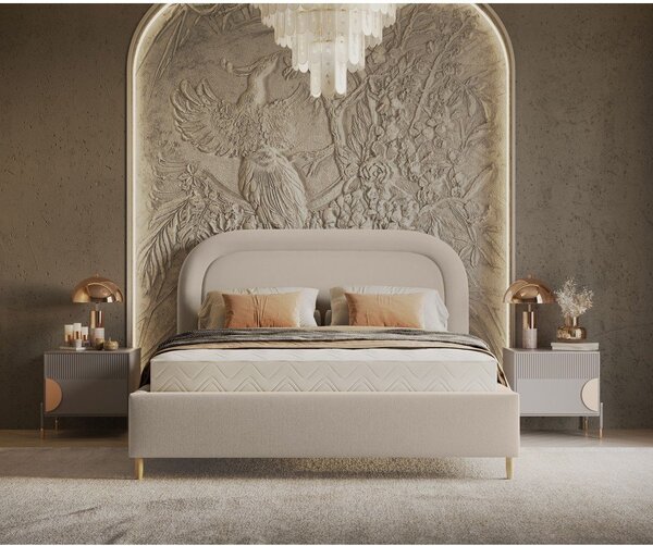 Beżowe tapicerowane łóżko dwuosobowe ze schowkiem i stelażem 180x200 cm Mija – Maison de Rêve