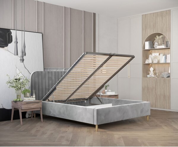 Szare tapicerowane łóżko jednoosobowe ze schowkiem ze stelażem 120x200 cm Noto – Maison de Rêve