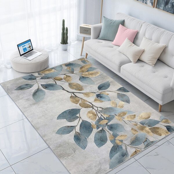 Chodnik w jasnoniebiesko-złotym kolorze odpowiedni do prania 80x200 cm Golden Leaves – Mila Home