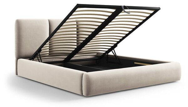 Kremowe aksamitne tapicerowane łóżko dwuosobowe ze schowkiem i stelażem 160x200 cm Brody – Mazzini Beds