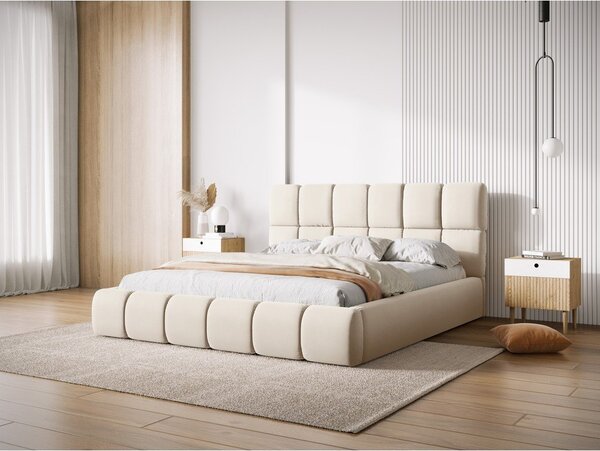 Kremowe aksamitne tapicerowane łóżko dwuosobowe ze schowkiem i stelażem 180x200 cm Bellis – Micadoni