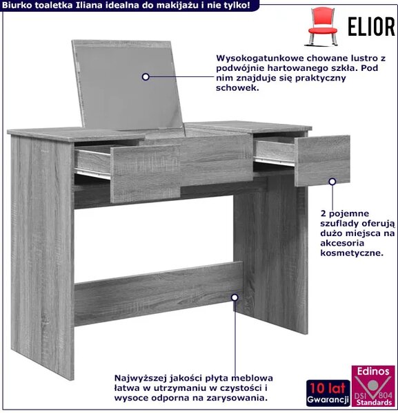 Nowoczesna toaletka z chowanym lustrem szary dąb sonoma - Iliana
