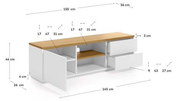 Biała szafka pod TV w dekorze dębu 150x44x36 cm Abilen – Kave Home