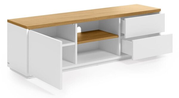 Biała szafka pod TV w dekorze dębu 150x44x36 cm Abilen – Kave Home