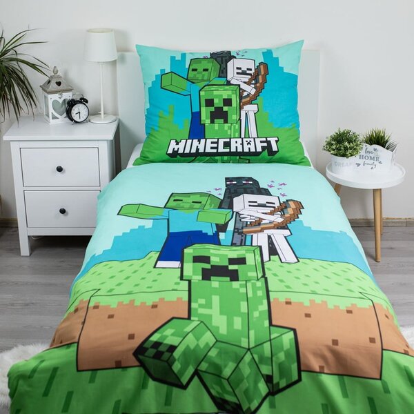 Zielono-niebieska bawełniana pościel dziecięca jednoosobowa 140x200 cm Minecraft "Mobs Here" – Jerry Fabrics