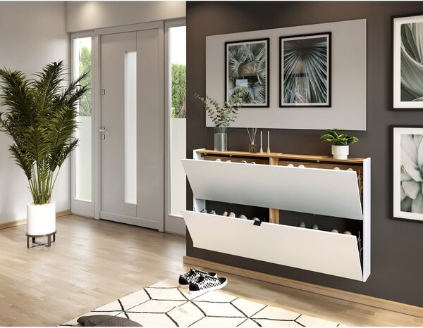 Biała uchylna wisząca szafka na buty w dekorze dębu 140x83x18 cm Ameca – Germania