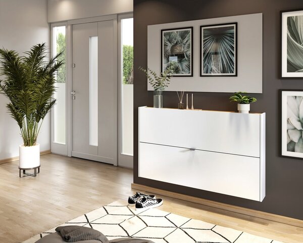 Biała uchylna wisząca szafka na buty w dekorze dębu 140x83x18 cm Ameca – Germania
