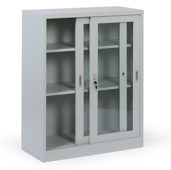 Metalowa szafka z półkami i szklanymi przesuwanymi drzwiami, zdemontowana, 900 x 1150 x 400 mm