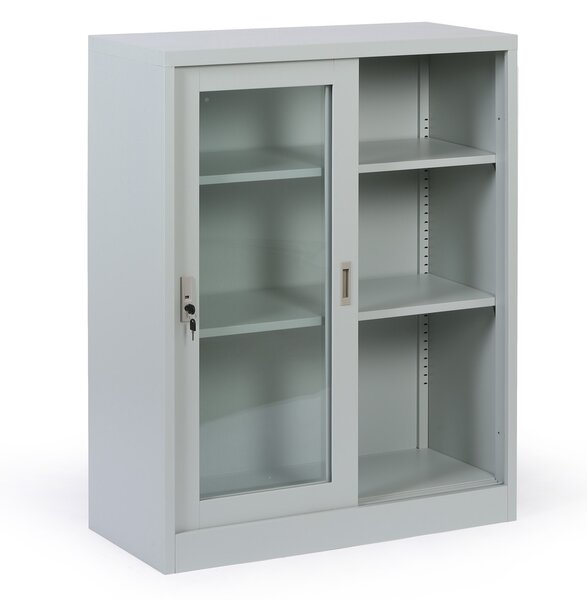 Metalowa szafka z półkami i szklanymi przesuwanymi drzwiami, zdemontowana, 900 x 1150 x 400 mm