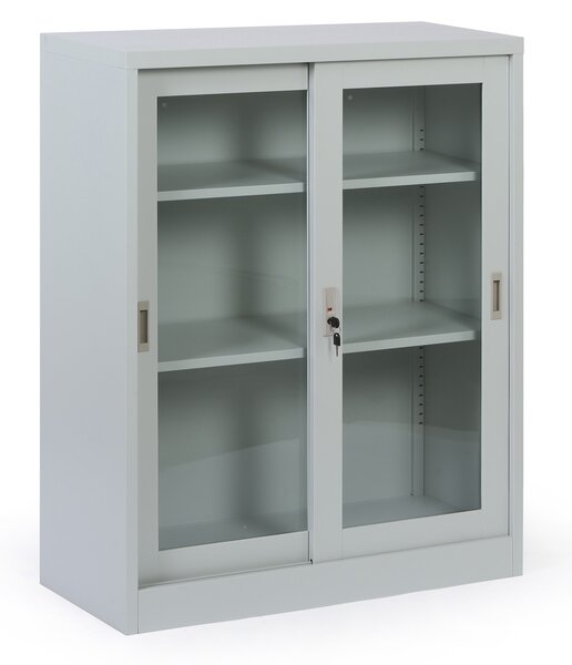 Metalowa szafka z półkami i szklanymi przesuwanymi drzwiami, zdemontowana, 900 x 1150 x 400 mm