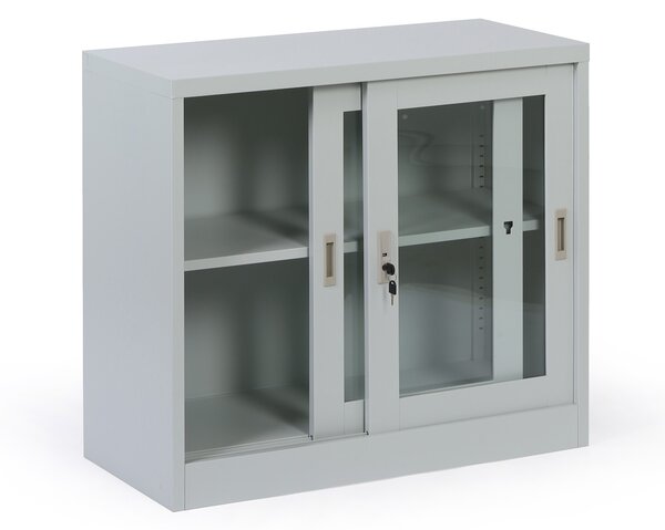 Metalowa szafka z półkami i szklanymi przesuwanymi drzwiami, zdemontowana, 900 x 800 x 400 mm