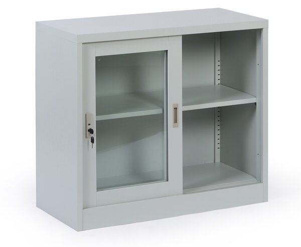 Metalowa szafka z półkami i szklanymi przesuwanymi drzwiami, zdemontowana, 900 x 800 x 400 mm