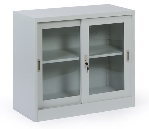 Metalowa szafka z półkami i szklanymi przesuwanymi drzwiami, zdemontowana, 900 x 800 x 400 mm