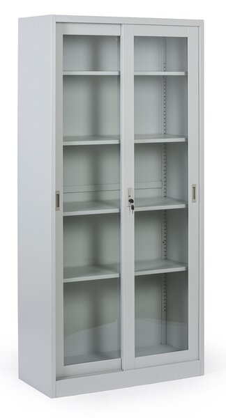 Metalowa szafka z półkami i szklanymi przesuwanymi drzwiami, zdemontowana, 900 x 1950 x 400 mm