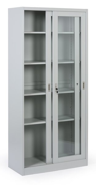 Metalowa szafka z półkami i szklanymi przesuwanymi drzwiami, zdemontowana, 900 x 1950 x 400 mm