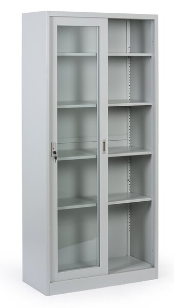 Metalowa szafka z półkami i szklanymi przesuwanymi drzwiami, zdemontowana, 900 x 1950 x 400 mm