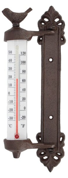 Żeliwny termometr ścienny z ptaszkiem Esschert Design Dekor Bird, wys. 27,3 cm