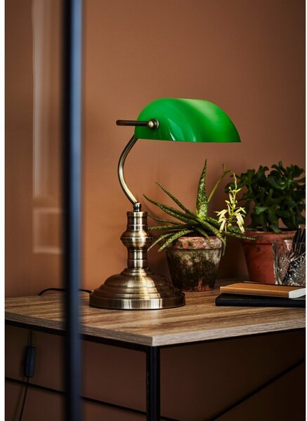Zielona lampa stołowa z podstawą w kolorze mosiądzu Markslöjd Bankers, wys. 25 cm