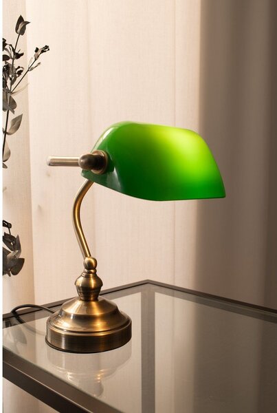 Zielona lampa stołowa z podstawą w kolorze mosiądzu Markslöjd Bankers, wys. 25 cm