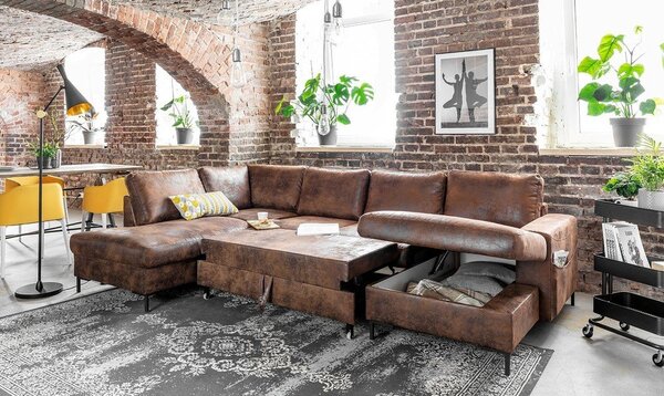 Brązowa rozkładana sofa w kształcie litery "U" z imitacji skóry Miuform Lofty Lilly Vintage, lewostronna