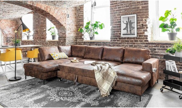 Brązowa rozkładana sofa w kształcie litery "U" z imitacji skóry Miuform Lofty Lilly Vintage, lewostronna