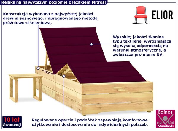 Leżak drewniany z poduszką i bordowy stolikiem G3-N84