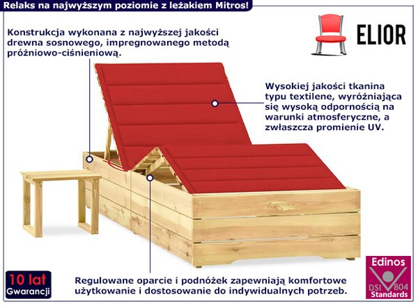 Drewniany regulowany leżak z poduszką i stolikiem czerwony- Mitros