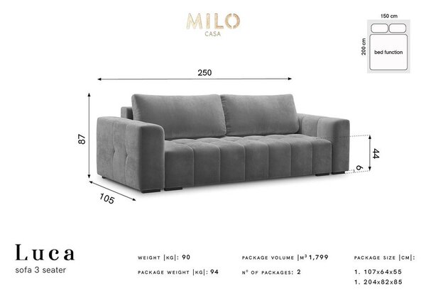 Jasnoszara aksamitna rozkładana sofa Milo Casa Luca
