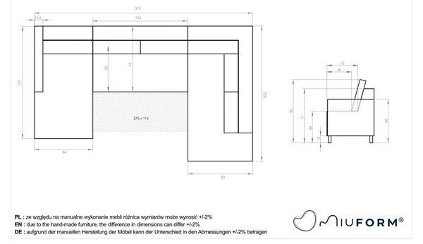 Ciemnoszara rozkładana sofa w kształcie litery "U" Miuform Scandic Lagom, prawostronna