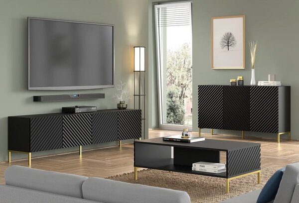 Długa szafka RTV glamour czerń+złoty 200cm | Umeblowana.com