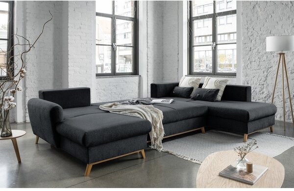 Ciemnoszara rozkładana sofa w kształcie litery "U" Miuform Scandic Lagom, prawostronna