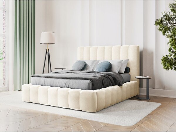 Beżowe tapicerowane łóżko dwuosobowe ze schowkiem i stelażem 200x200 cm Kelp – Micadoni Home