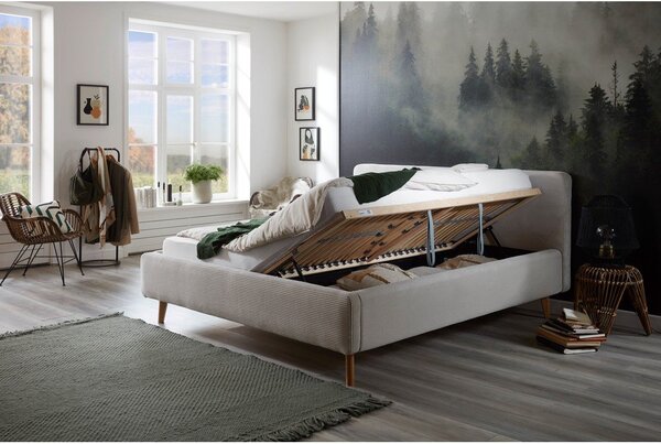 Beżowe tapicerowane łóżko dwuosobowe ze schowkiem ze stelażem 160x200 cm Mattis Cord – Meise Möbel