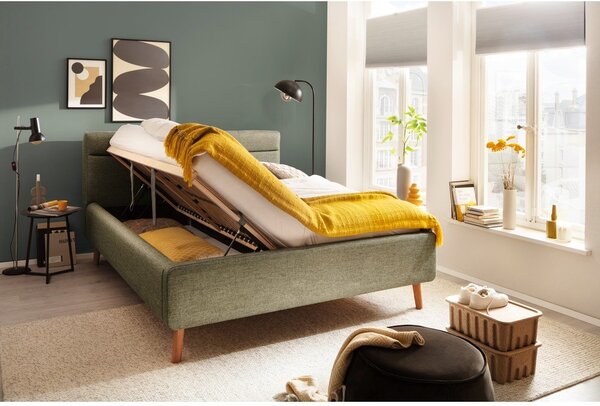 Zielone tapicerowane łóżko dwuosobowe ze schowkiem ze stelażem 160x200 cm Lotte – Meise Möbel