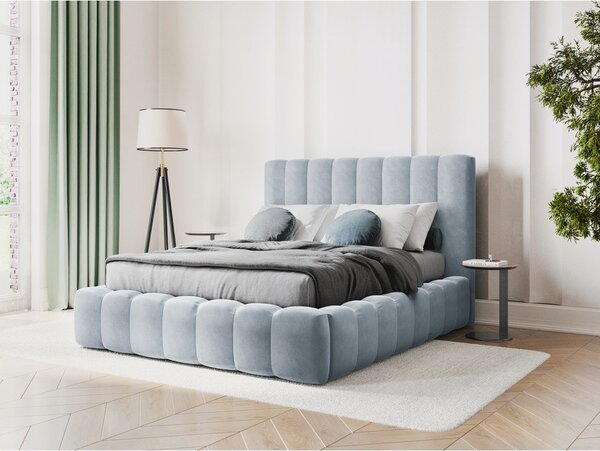 Jasnoniebieskie tapicerowane łóżko dwuosobowe ze schowkiem i stelażem 180x200 cm Kelp – Micadoni Home