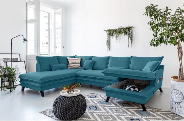 Turkusowa rozkładana sofa w kształcie litery "U" Miuform Charming Charlie, lewostronna