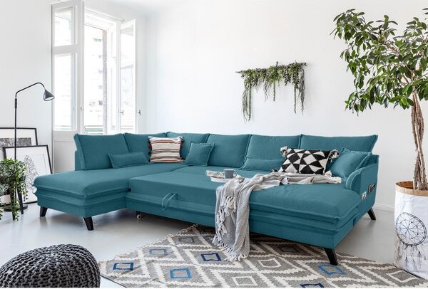 Turkusowa rozkładana sofa w kształcie litery "U" Miuform Charming Charlie, lewostronna