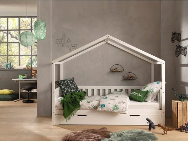 Białe łóżko dziecięce z litego drewna sosnowego w kształcie domku z wysuwanym łóżkiem ze schowkiem 90x200 cm DALLAS – Vipack