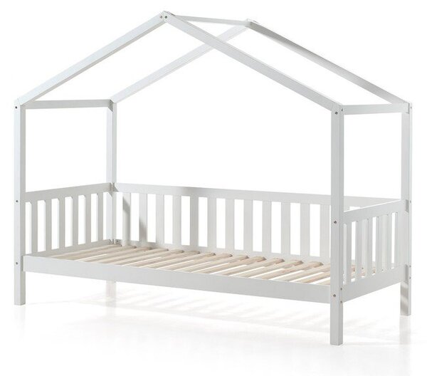 Białe łóżko dziecięce z litego drewna sosnowego w kształcie domku z wysuwanym łóżkiem ze schowkiem 90x200 cm DALLAS – Vipack