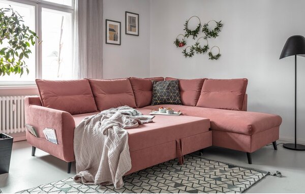 Różowy aksamitny narożnik rozkładany Miuform Stylish Stan L, prawostronny